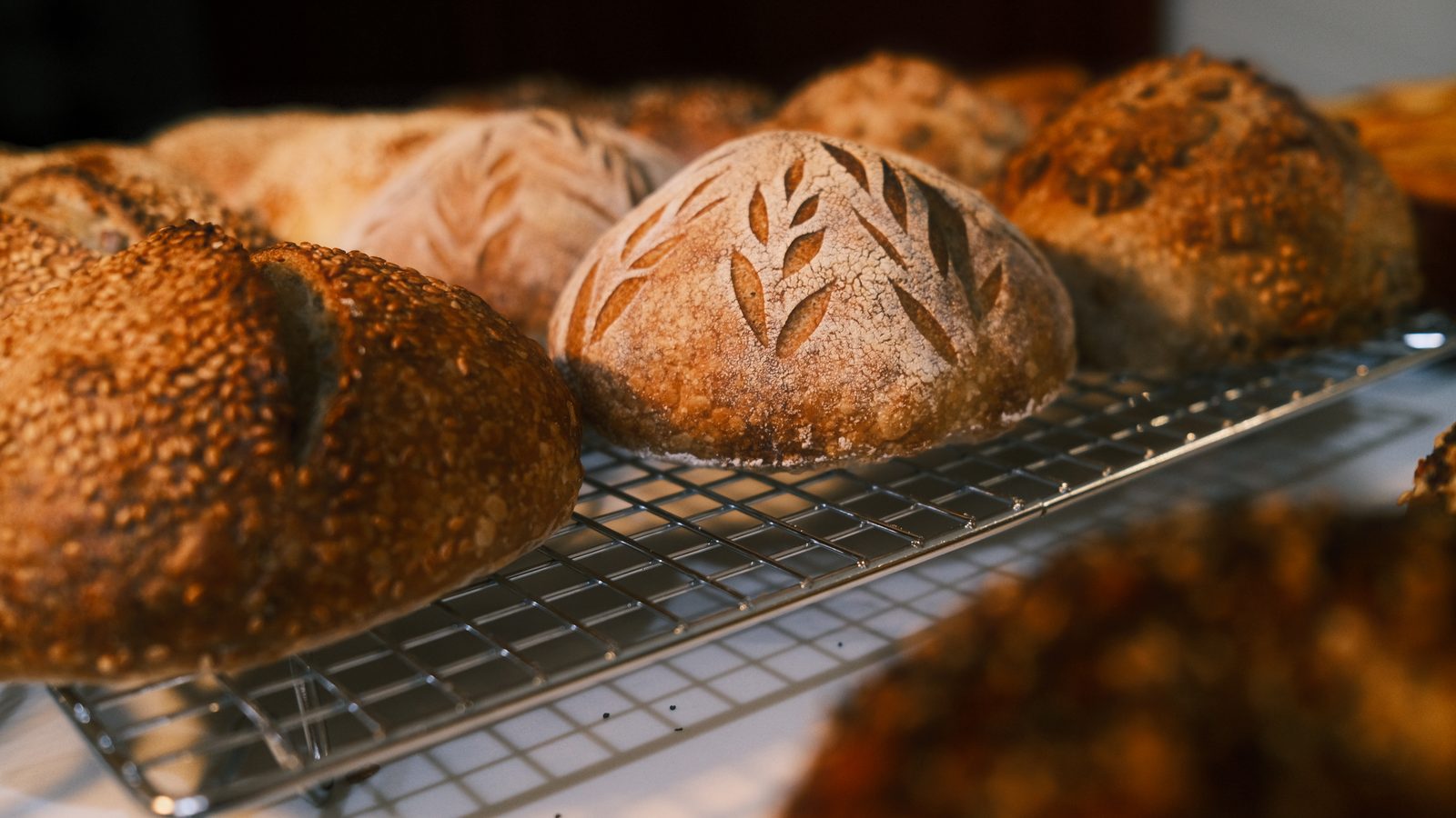Freshly baked sourdough with hand-scored leaf pattern